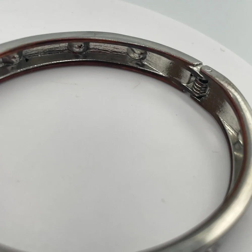 Vintage Y2K Silver Tone Rhinestone Inset Hinge Bangle Minimalist Bracelet